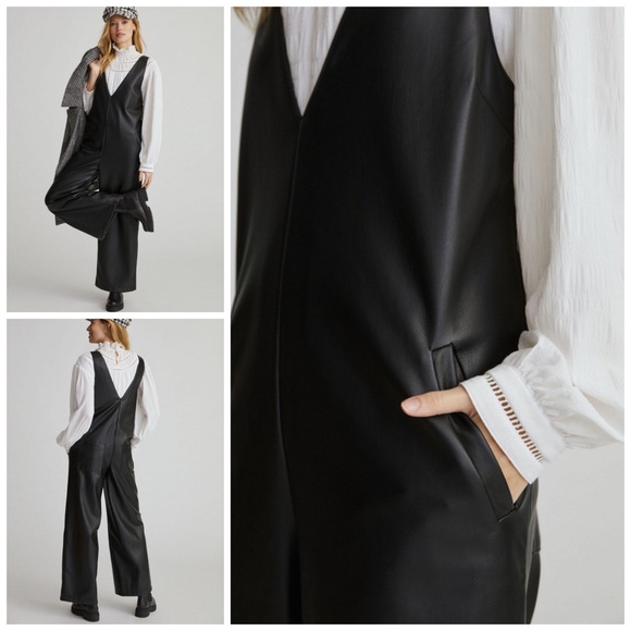 Anthropologie Avec Les Filles Vegan Leather Wide Leg Jumpsuit Black L - Picture 2 of 7